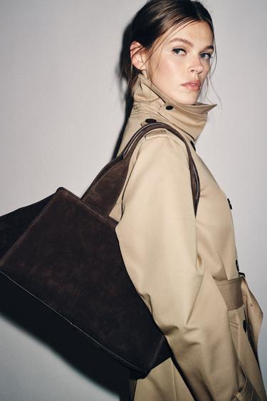 Zara DOUBLE STRAP SPLIT LEATHER BAG - Brown