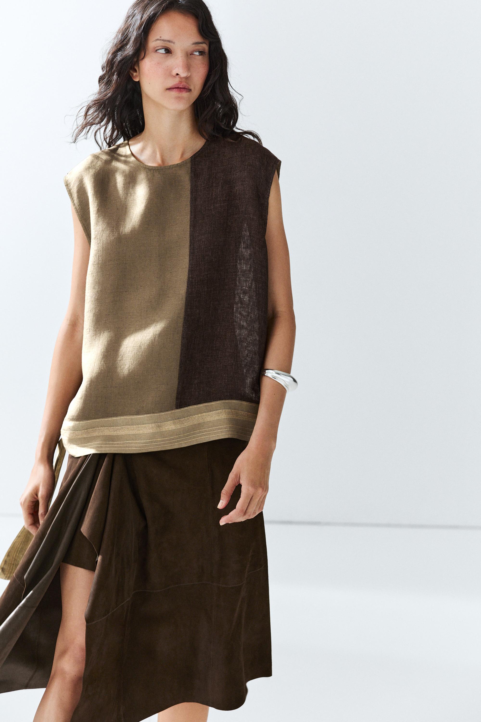 Linen-blend color-block flowing top — Brown