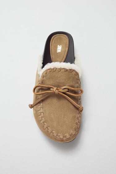 LEATHER SHEARLING EFFECT CLOGS - Sand Brown by Zara