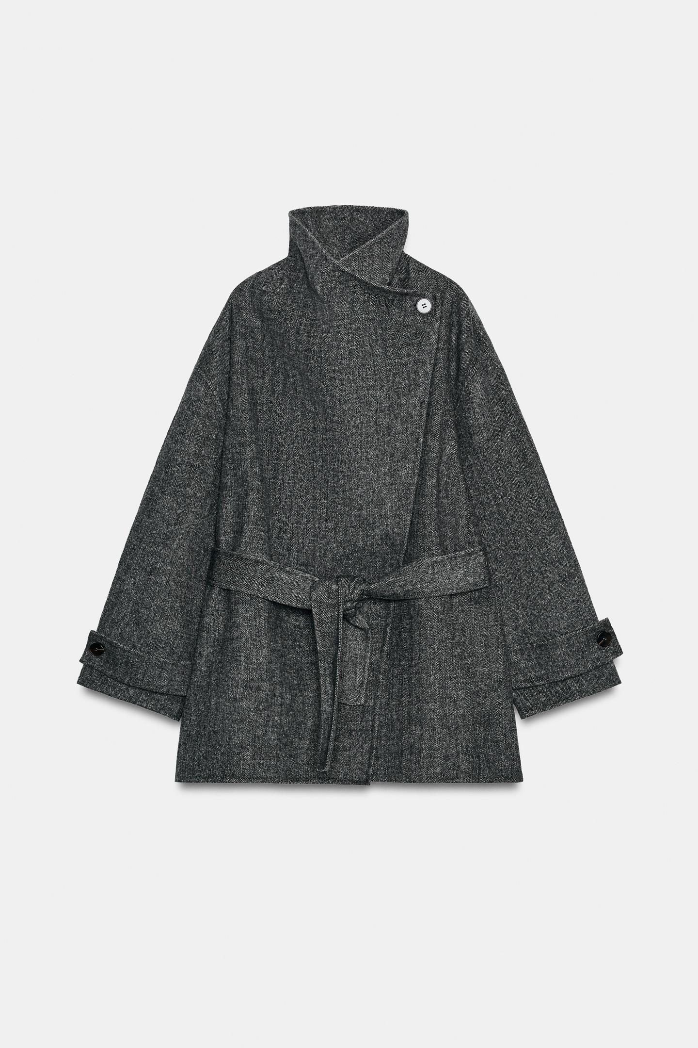 Женское пальто Zara Wool-Blend Belted Double-Breasted, цвет: Серый — фото 7