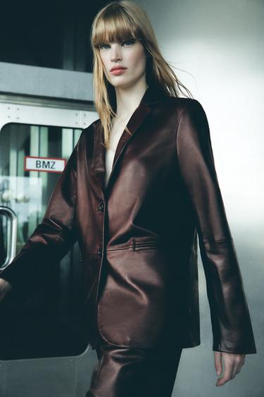 ZW COLLECTION LEATHER BLAZER - Burgundy by Zara