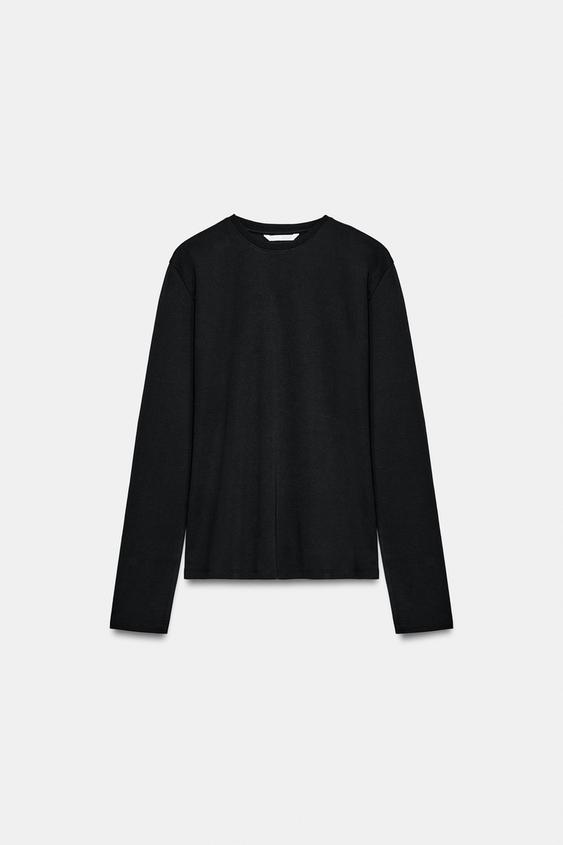 long sleeve interlock T-shirt - Black by Zara - Image 0