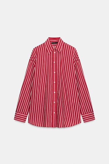 OVERSIZE STRIPED POPLIN SHIRT - Red / White by Zara