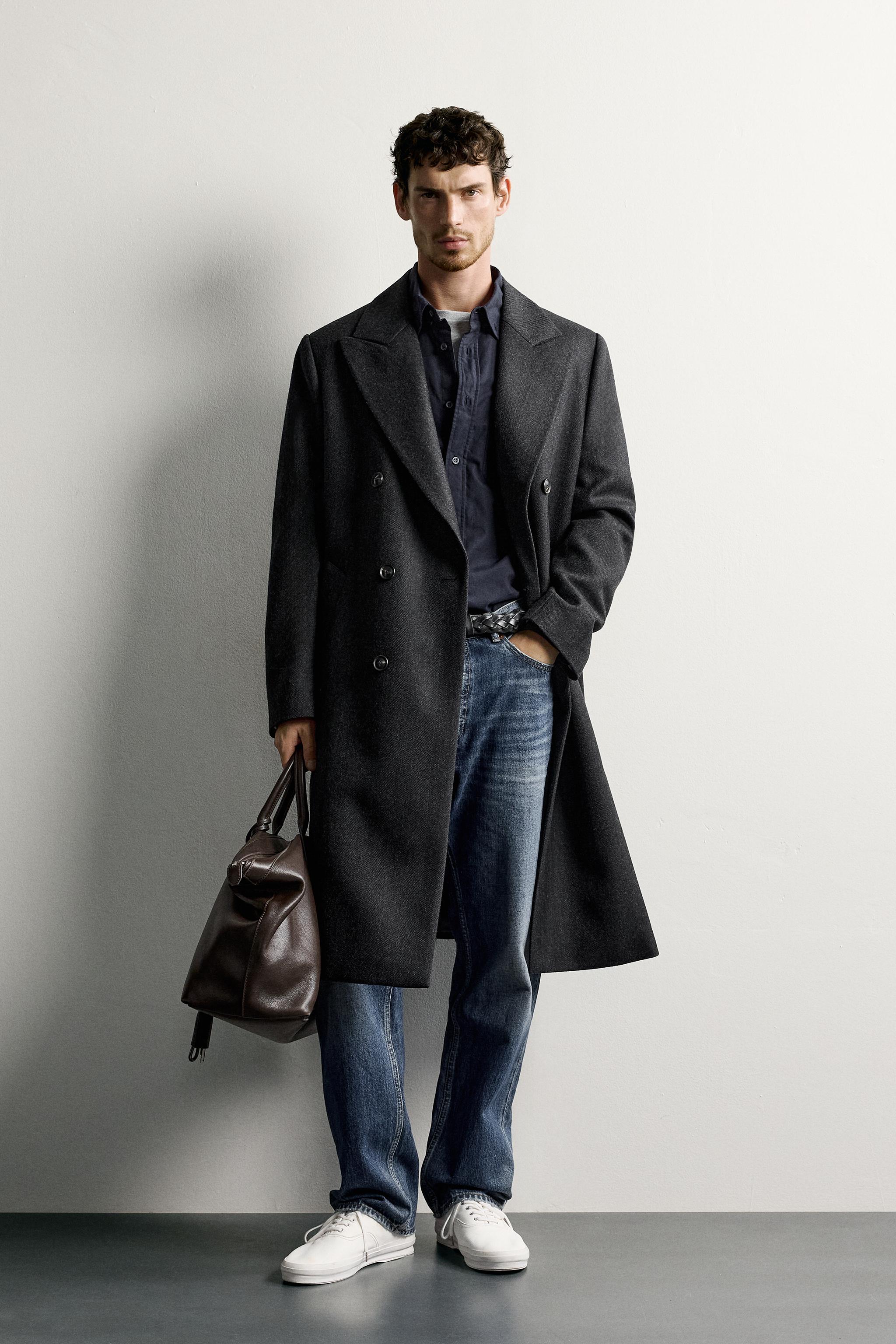 ZARA（ザラ）ダークグレー ダブルブレスト ロングコート ヘリンボーン 100% ウール ダブルブレストコート - グレー | ZARA