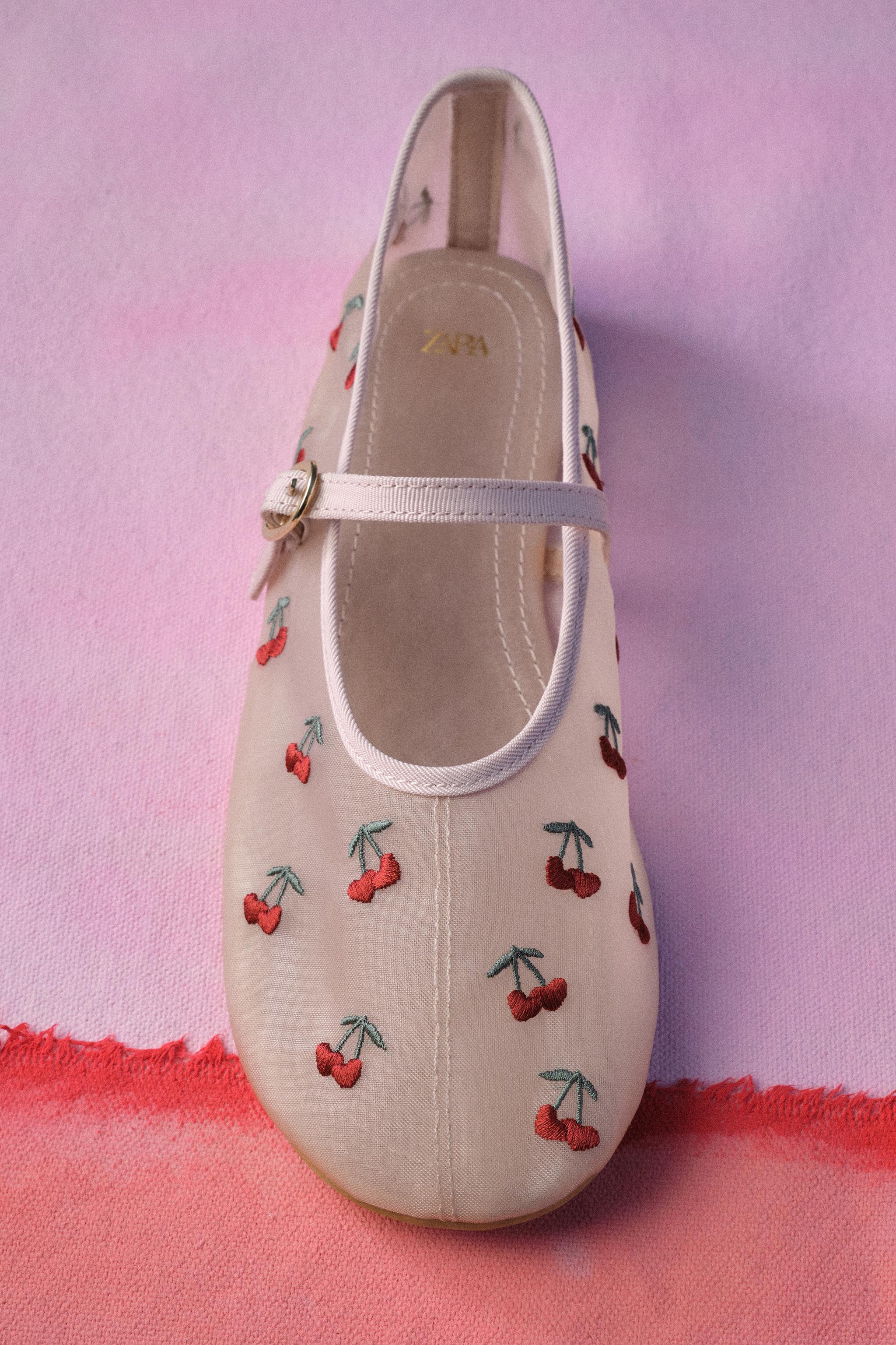 CHERRY EMBROIDERED BALLET FLATS — Pink