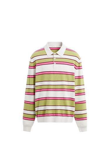 Front view of a green, pink and white striped jumper with a polo neck and buttons.