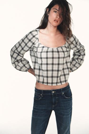 Zara ELASTIC PLAID SHIRT - Ecru / Blue