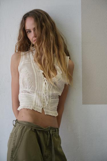 Zara TOP OD GAZE SA VEZOM – prljavobela