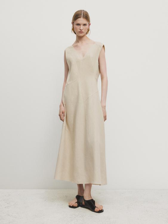 Long 100% linen dress with topstitching - Beige | ZARA United States