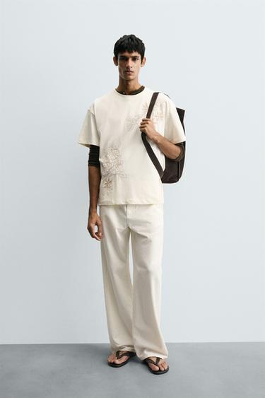 FLORAL EMBROIDERY T-SHIRT - Ecru by Zara - Image 0