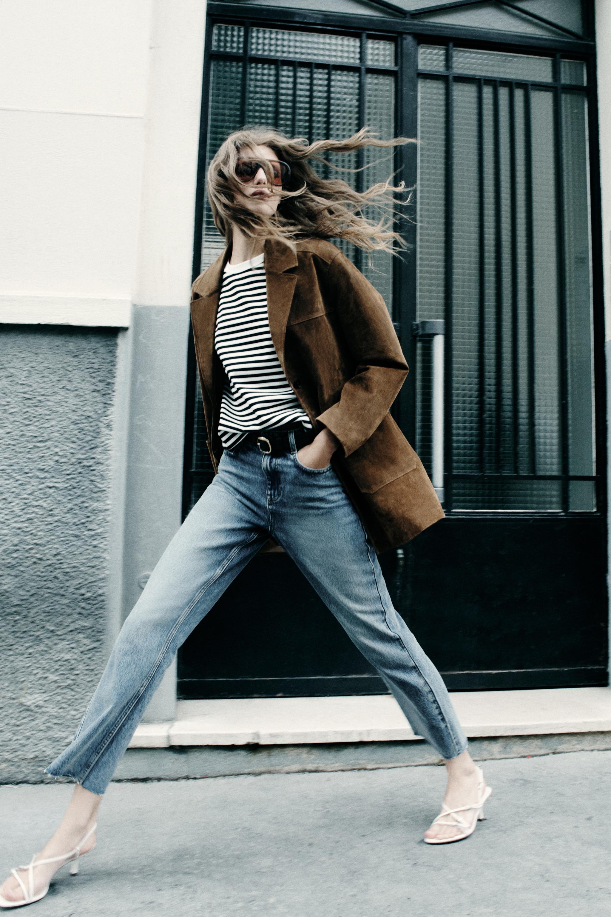 ZARA　ザラ　サイドライン　ウエストゴム　ワイド　デニム　ストレートデニム TRF ワイドレッグ クロスウエスト ハイウエストジーンズ