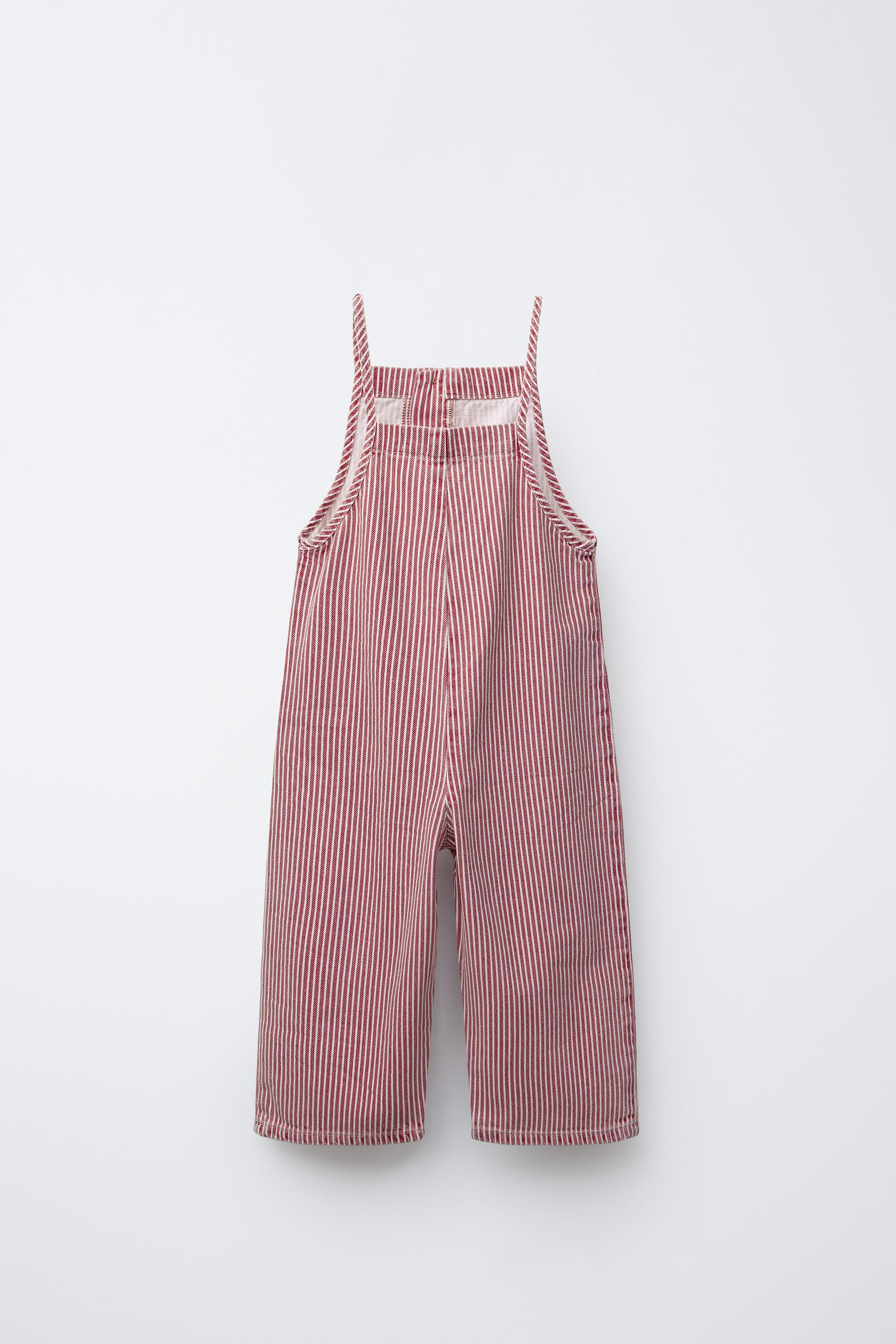 STRIPED TWILL LONG OVERALLS White Red ZARA United States