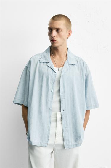 STRIPED JACQUARD WASHED SHIRT - Light blue by Zara
