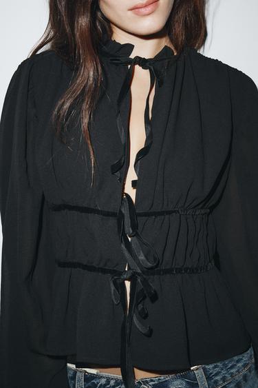 GEORGETTE BLOUSE WITH VELVET TIES - Black by Zara