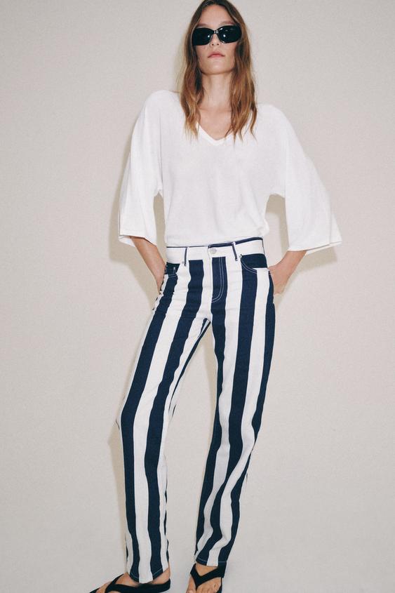 JEANS ZW COLLECTION SLIM TIRO MEDIO RAYAS - Blanco / Marino de Zara - Imagen 0