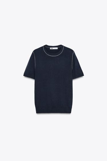 STRICKTOP MIT KURZEN ÄRMELN UND BIESEN - Marineblau / Weiß von Zara