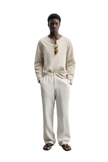 100% LINEN REGULAR FIT TROUSERS - Sand by Zara