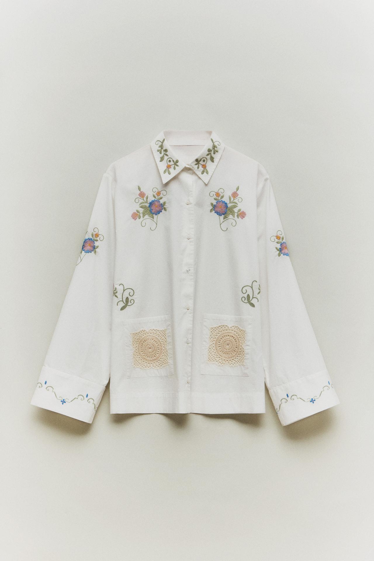 EMBROIDERED CROCHET SHIRT — Oyster-white