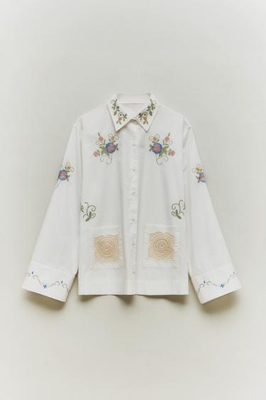 Zara EMBROIDERED CROCHET SHIRT - Oyster-white - Image 0