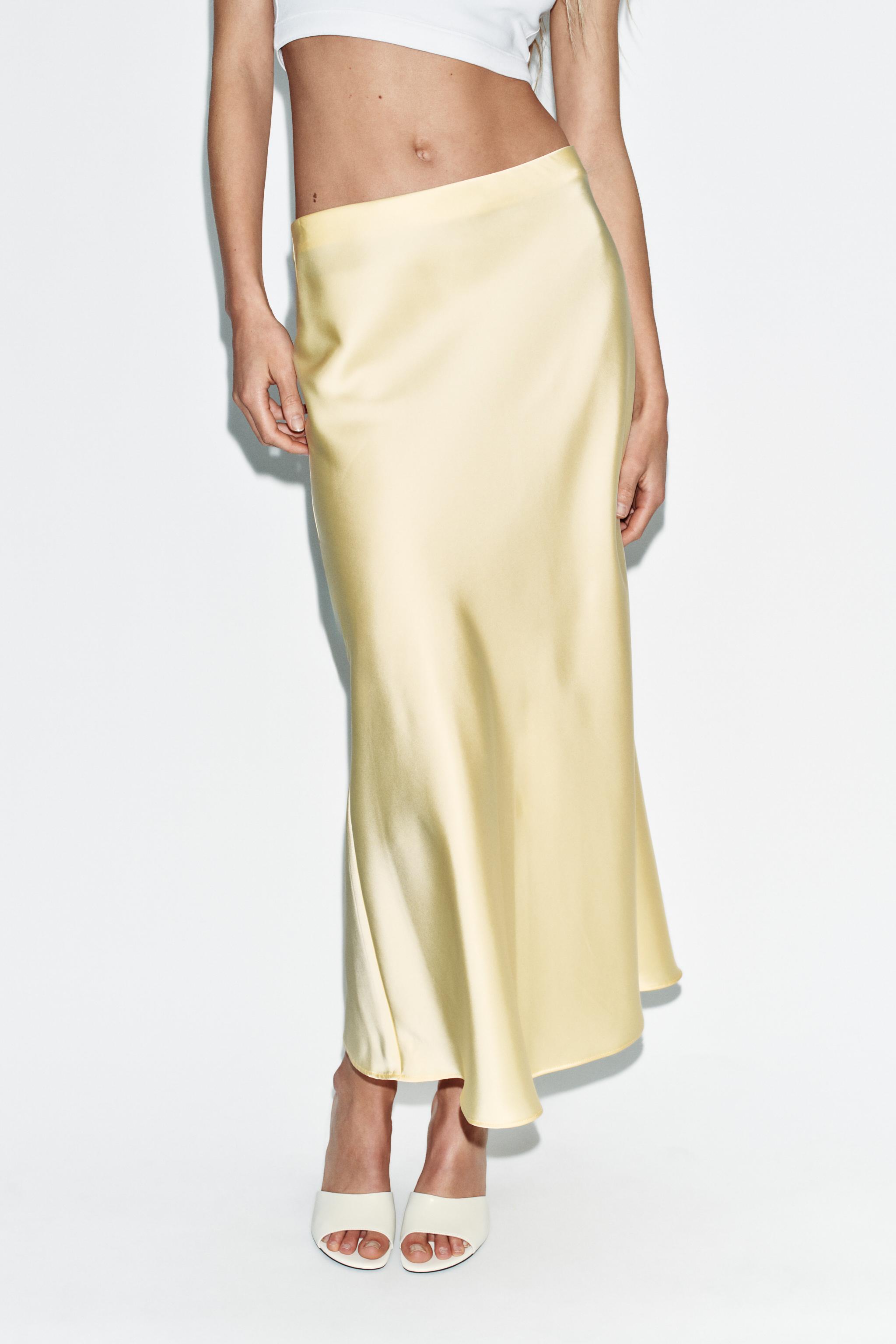 SATIN EFFECT MIDI SKIRT — Pastel yellow (alternate view)