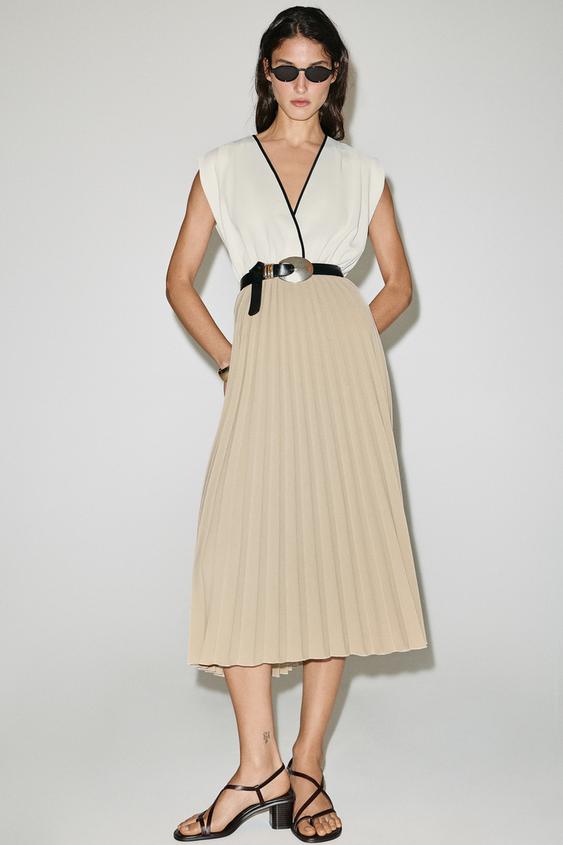 VESTIDO MIDI COMBINADO PLISADO - Beige de Zara - Imagen 0