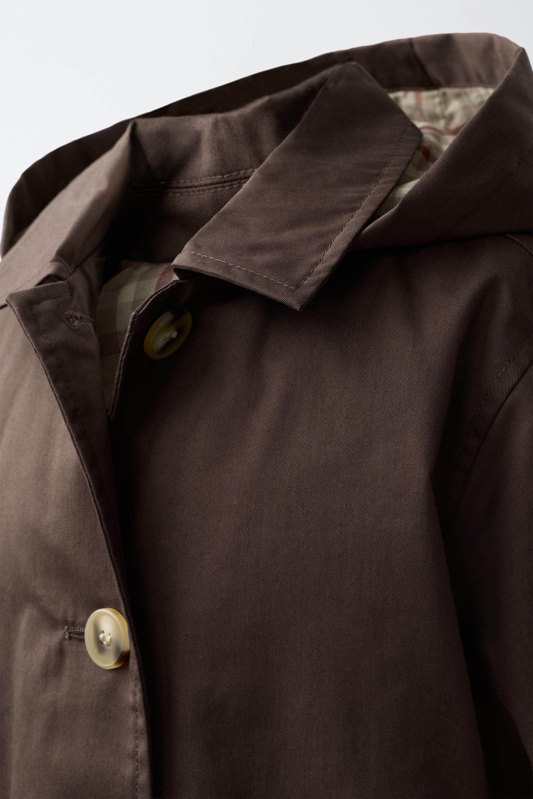 HOODED PLAID-LINED TRENCH COAT
