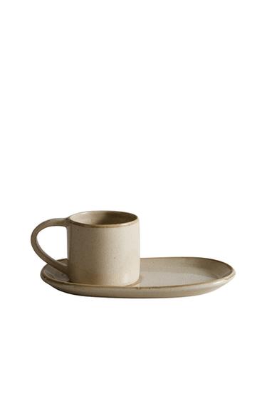 Zara STONEWARE MUG AND TRAY SET - Gray / Beige