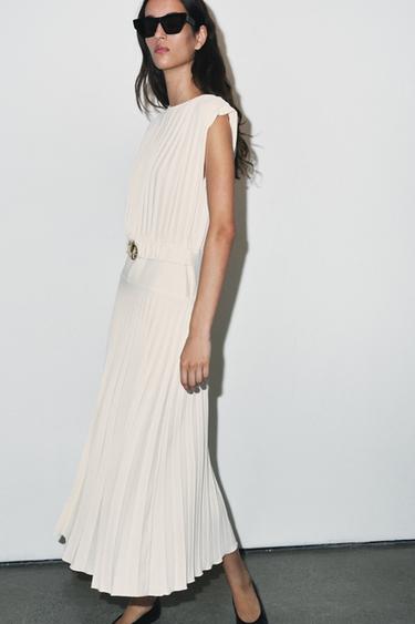 PLEATED MIDI DRESS WITH BELT - White by Zara - Image 2
