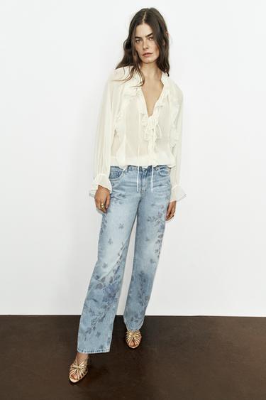 Zara Z1975 MID-RISE LONG STRAIGHT FLORAL JEANS - Mid-blue