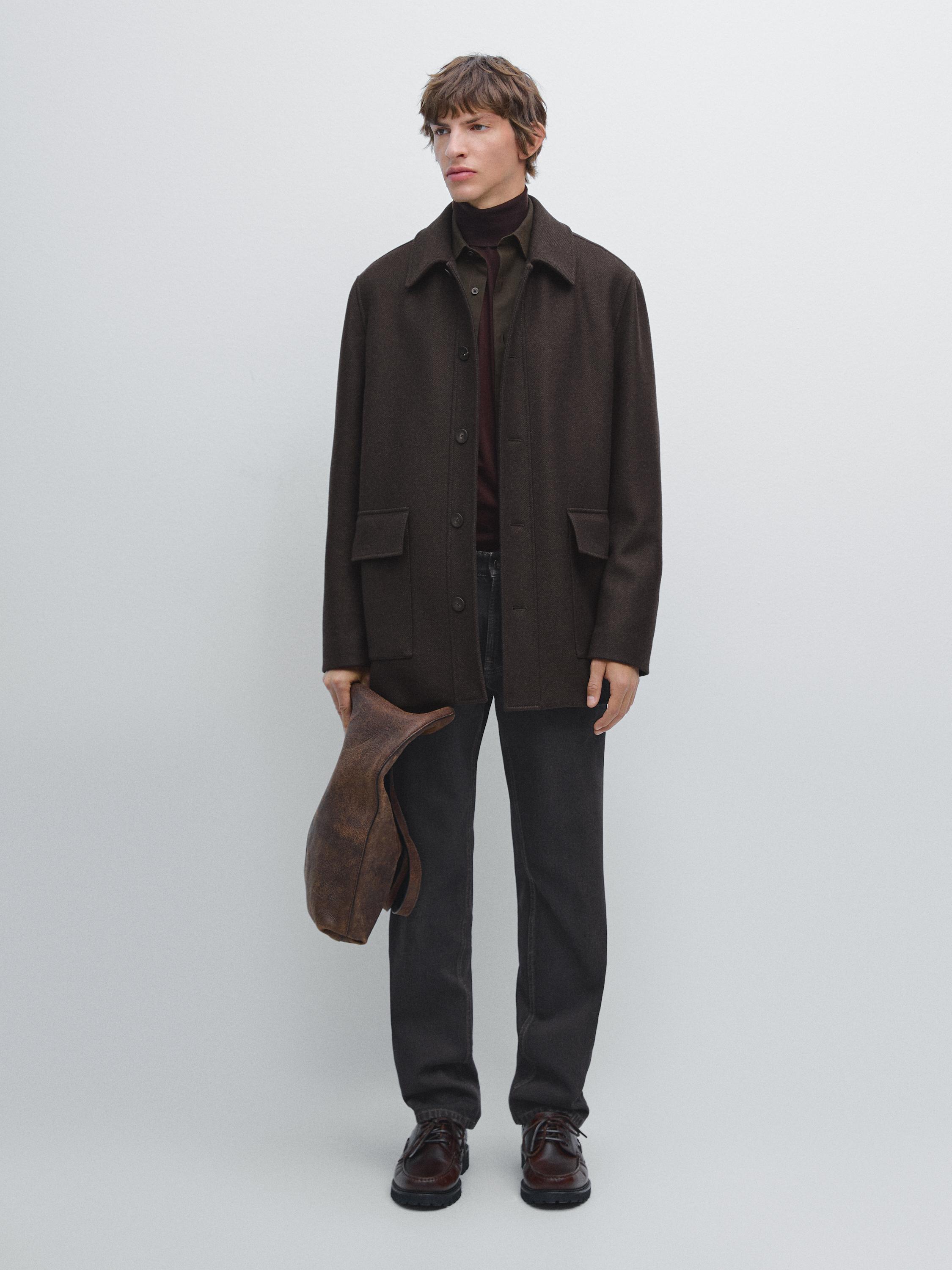Mid-length herringbone wool blend coat