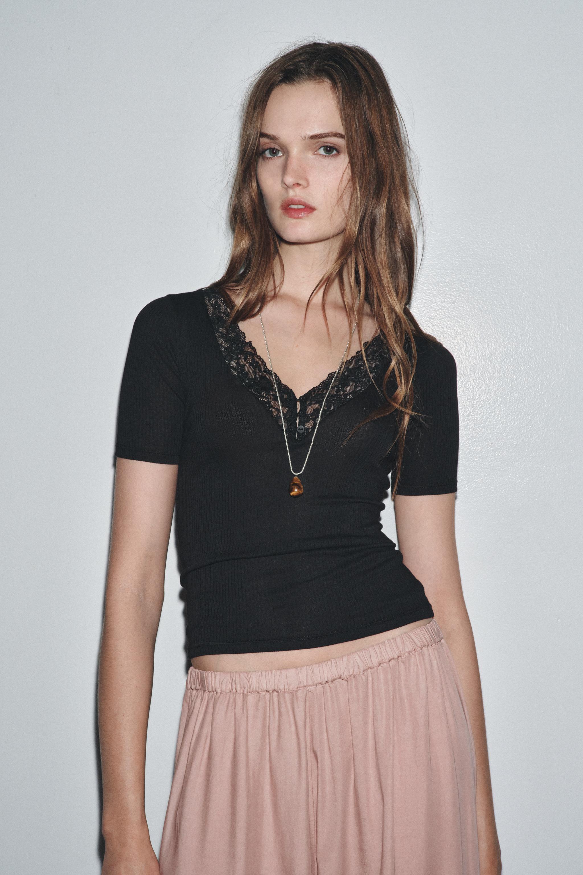 ZARA リブ編みレースTシャツ 5644/451 RIBBED LACE T-SHIRT - Oyster-white | ZARA United States