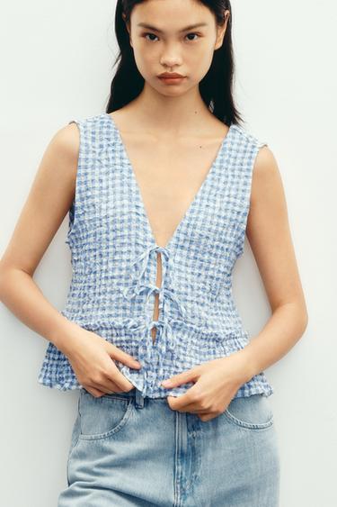 GINGHAM TOP - Light blue by Zara