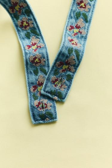 Zara EMBROIDERED DENIM PINAFORE DRESS AND BLOOMERS - Blue
