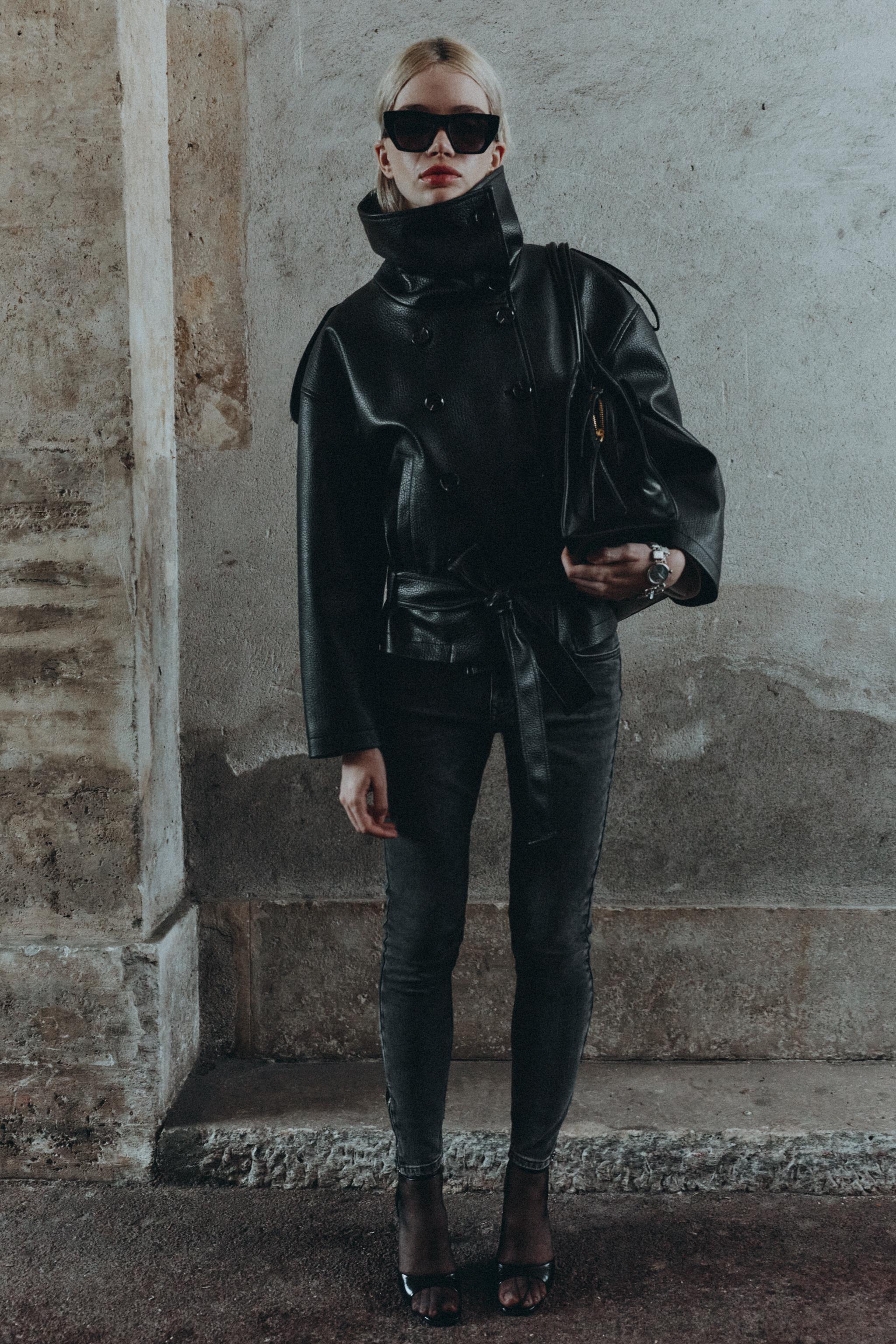 FAUX LEATHER BELTED JACKET