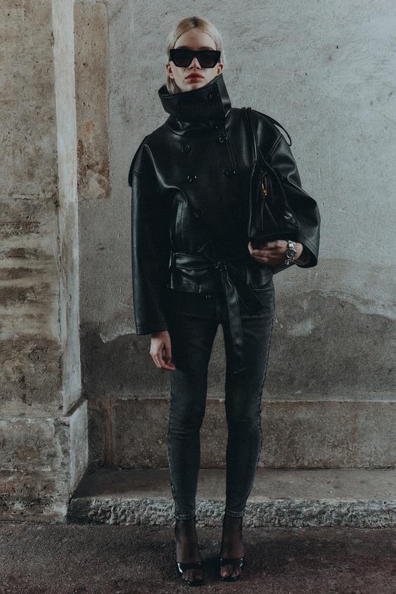 Zara FAUX LEATHER BELTED JACKET - Black - Image 0