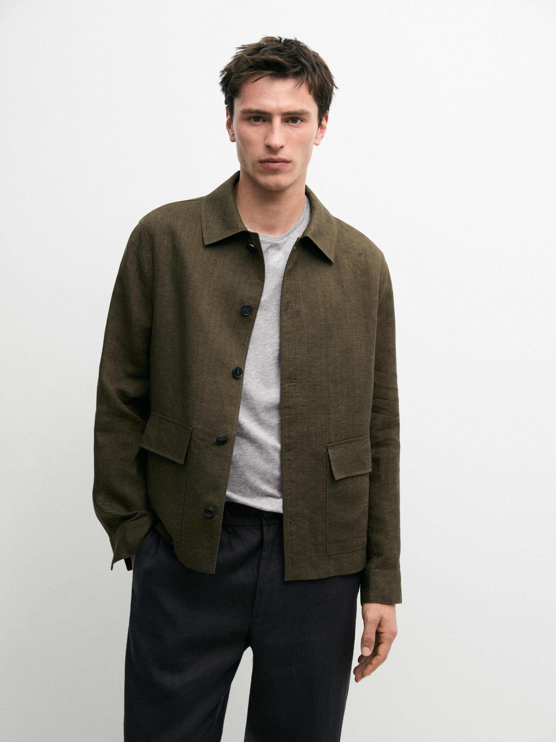 100% linen overshirt with striped pocket details