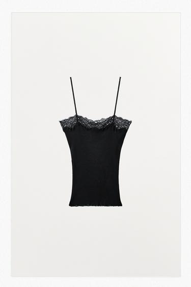 TOP NERVURAS E RENDA - Preto da Zara