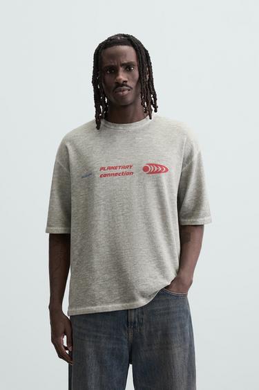 Zara COMBINED PRINT KNIT T-SHIRT - Anthracite grey