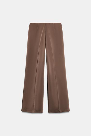 Zara HIGH-WAISTED SATIN PANTS - Chocolate brown