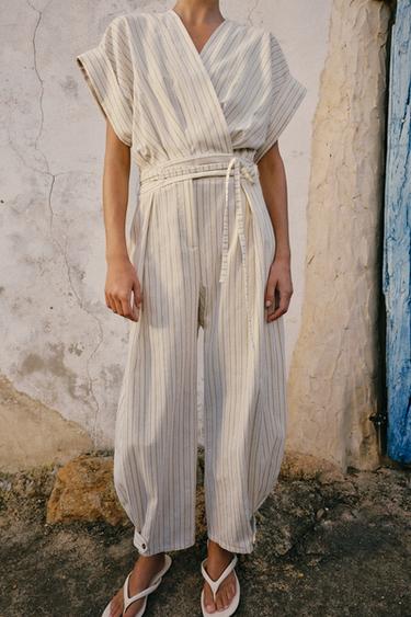 STRIPED JUMPSUIT WITH BELT - Ecru / Blue by Zara