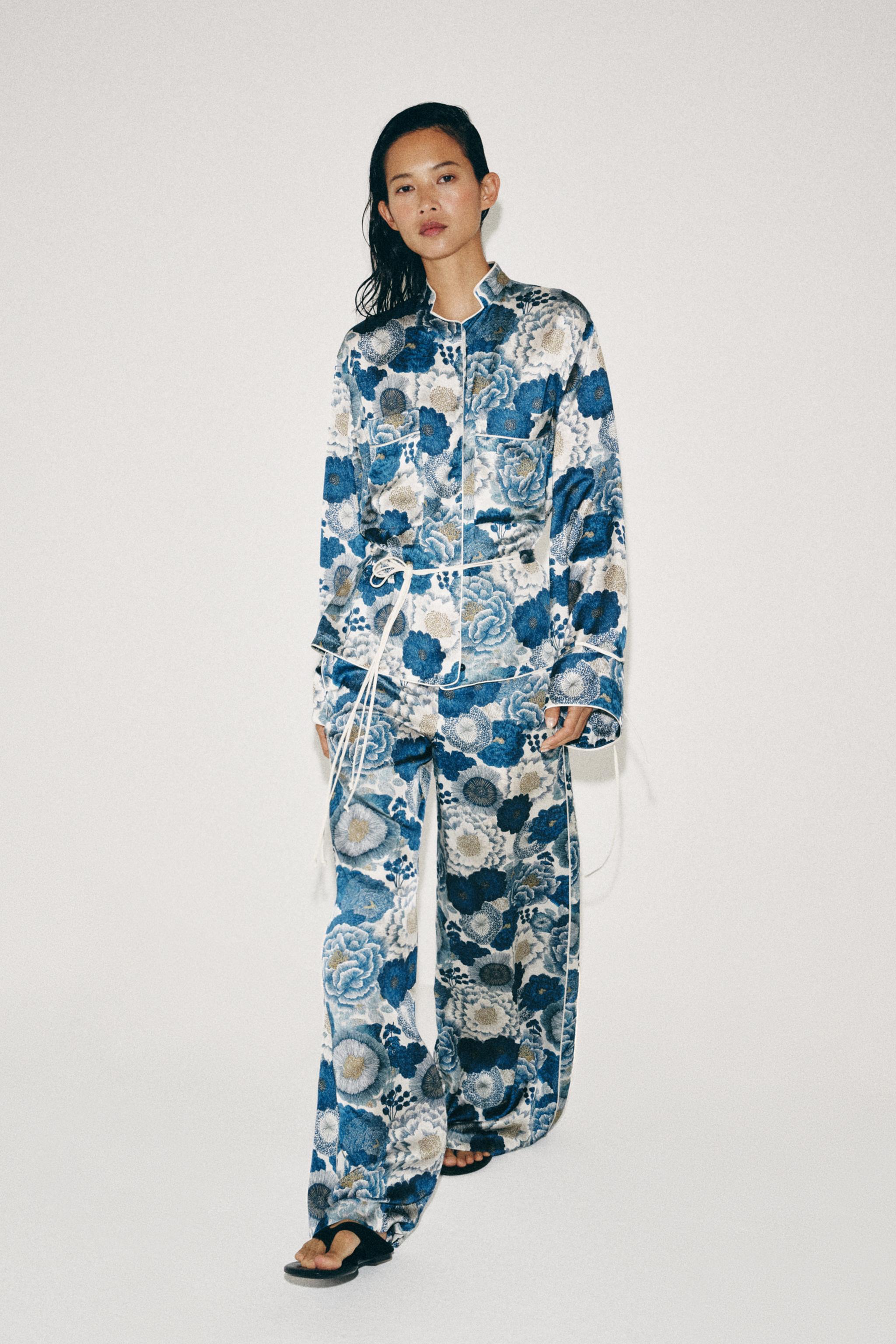 はせページ ZW COLLECTION フラワー柄パンツ - ブルー | ZARA Japan / 日本