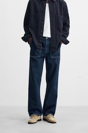 Zara CONTRAST STITCHED WIDE LEG JEANS - Blue