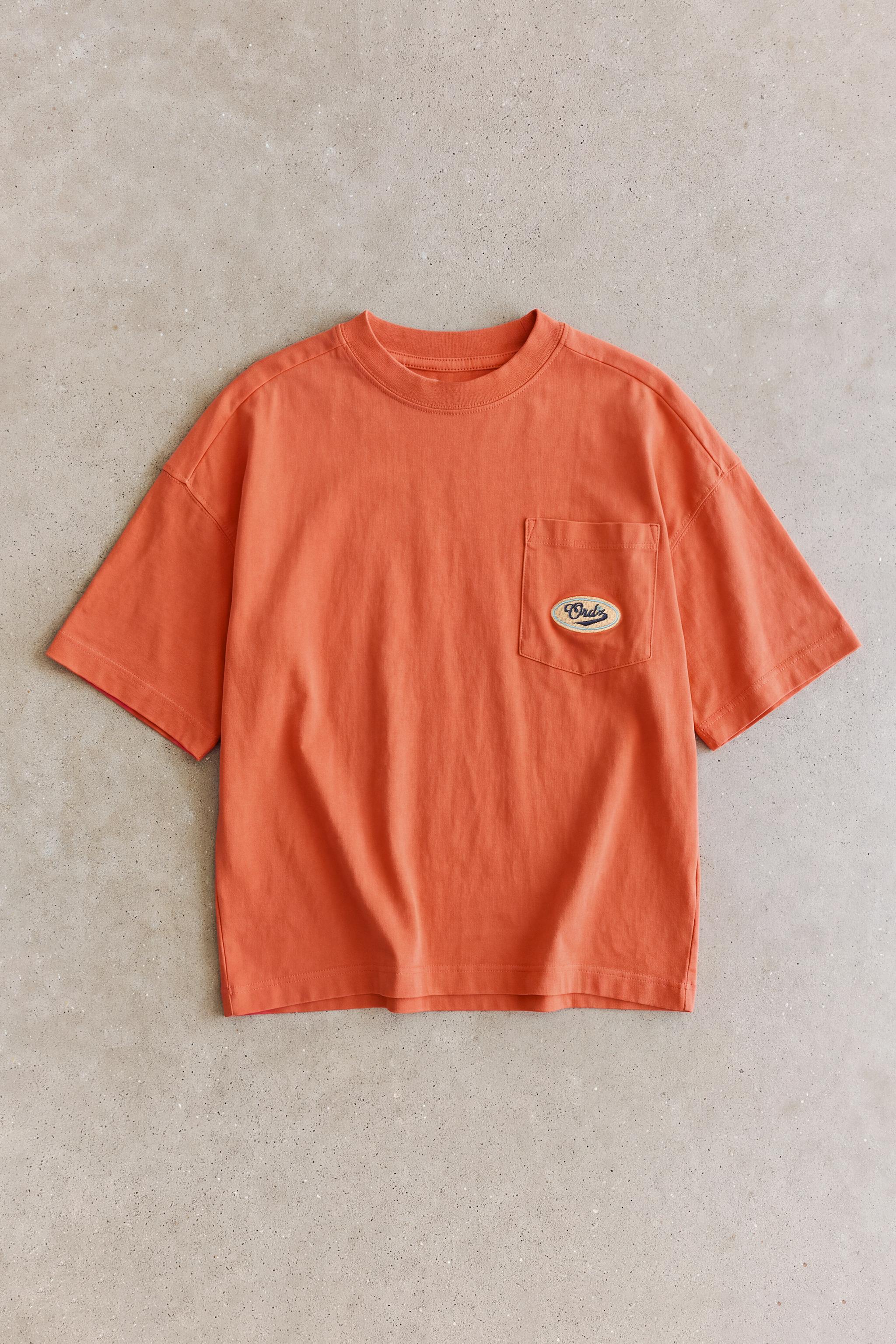 WASHED EFFECT EMBROIDERED LOGO POCKET T-SHIRT — Orange