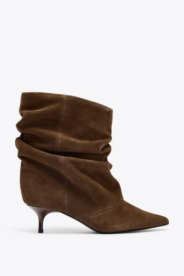 Zara RUCHED SPLIT LEATHER ANKLE BOOTS - Dark tan - Image 0