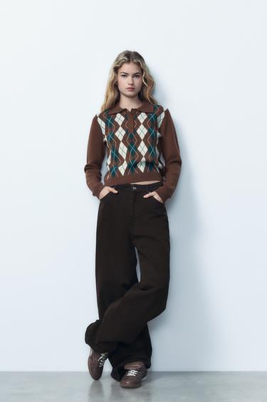ARGYLE JACQUARD POLO SWEATER - Brown by Zara