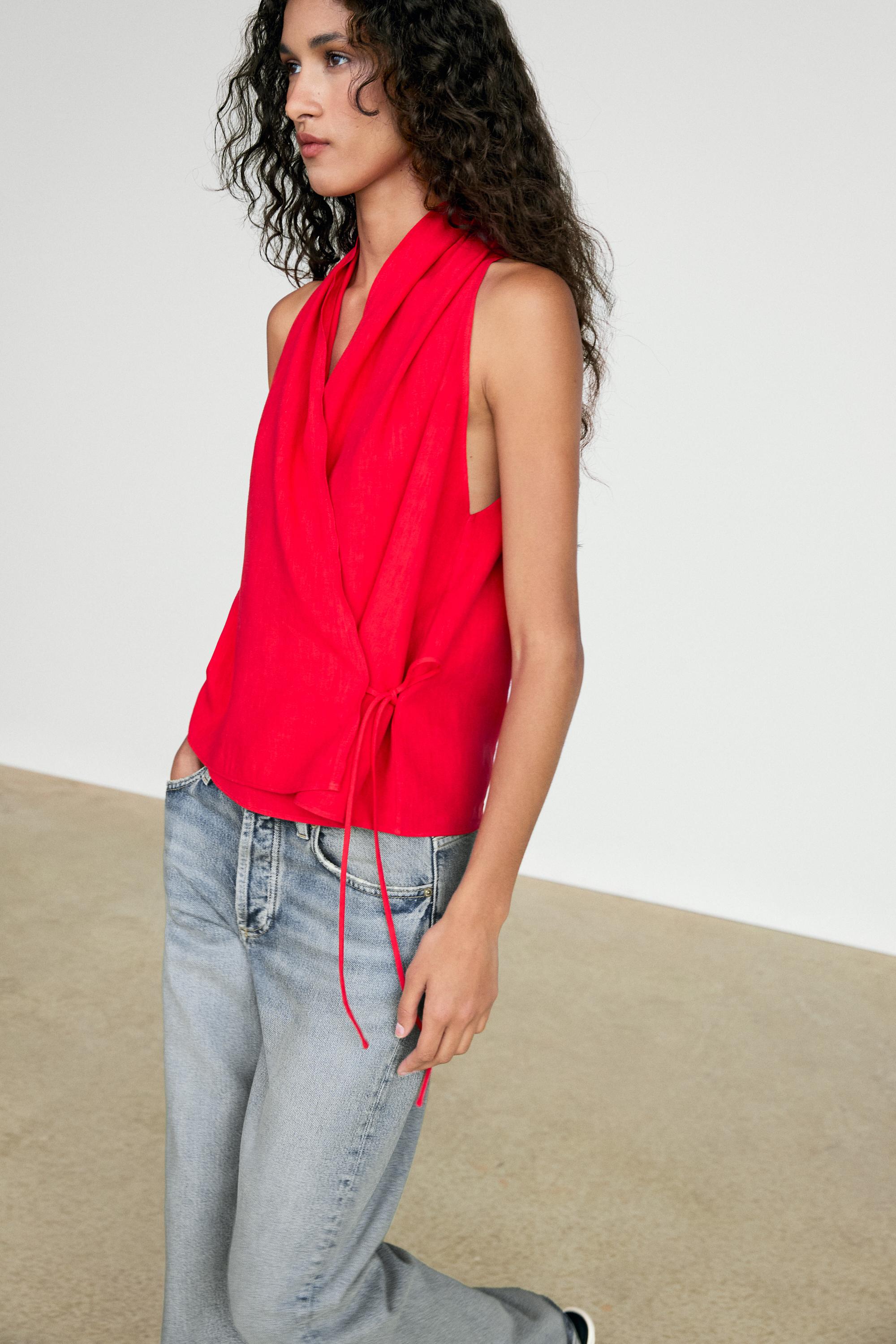Linen halter top with tie detail — Red