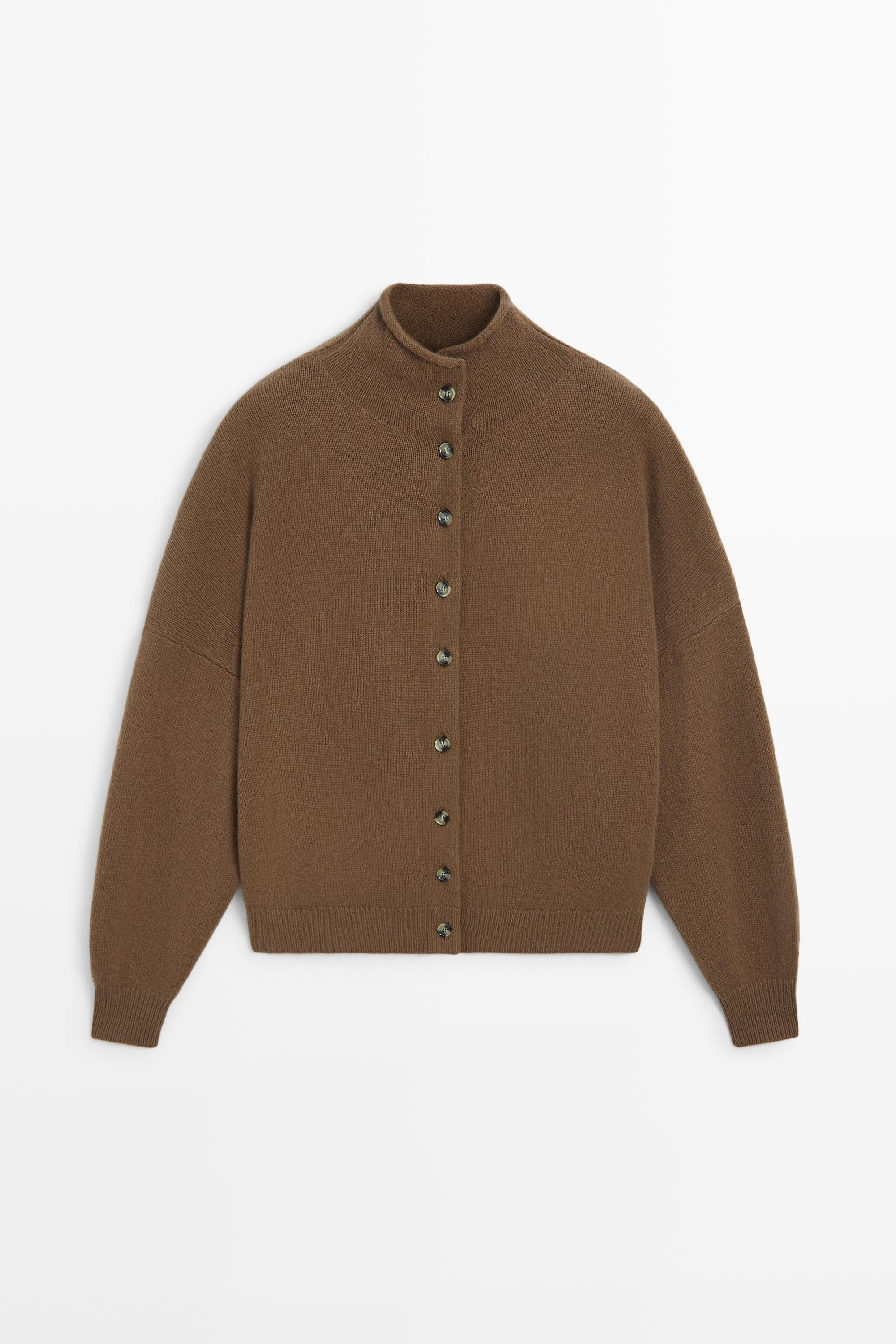 Wool and cashmere knit funnel neck cardigan