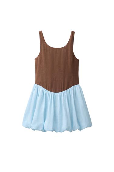Zara COLOR BLOCK 100% LINEN DRESS - Brown