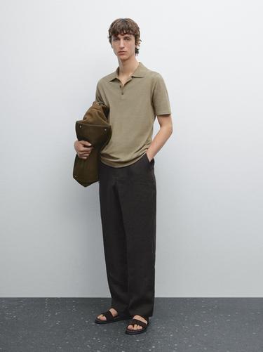 Zara Cotton blend knit polo shirt - Khaki marl