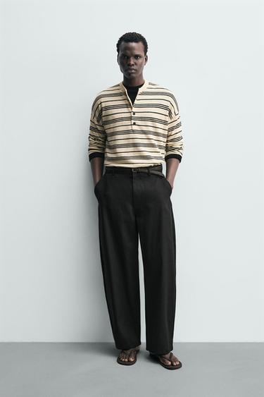 Zara STRIPED HENLEY JUMPER - Ecru